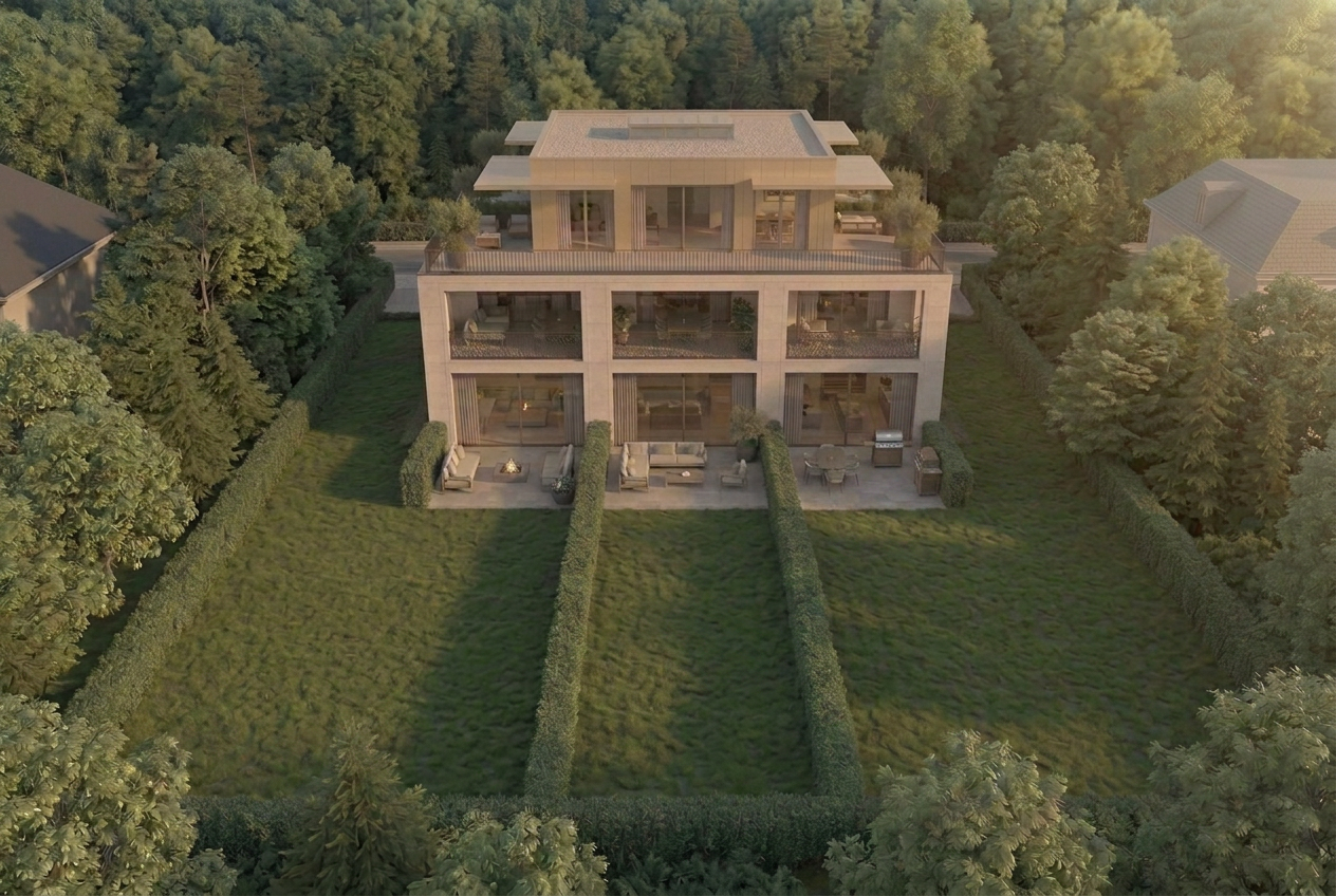 Berg Palais aus der Vogelperspektive mit den rückwärtigen Gärten